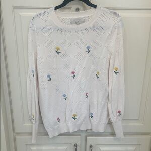 LOFT off white Eyelet Knit Sweater with Pink Blue and Yellow Floral Embroidery